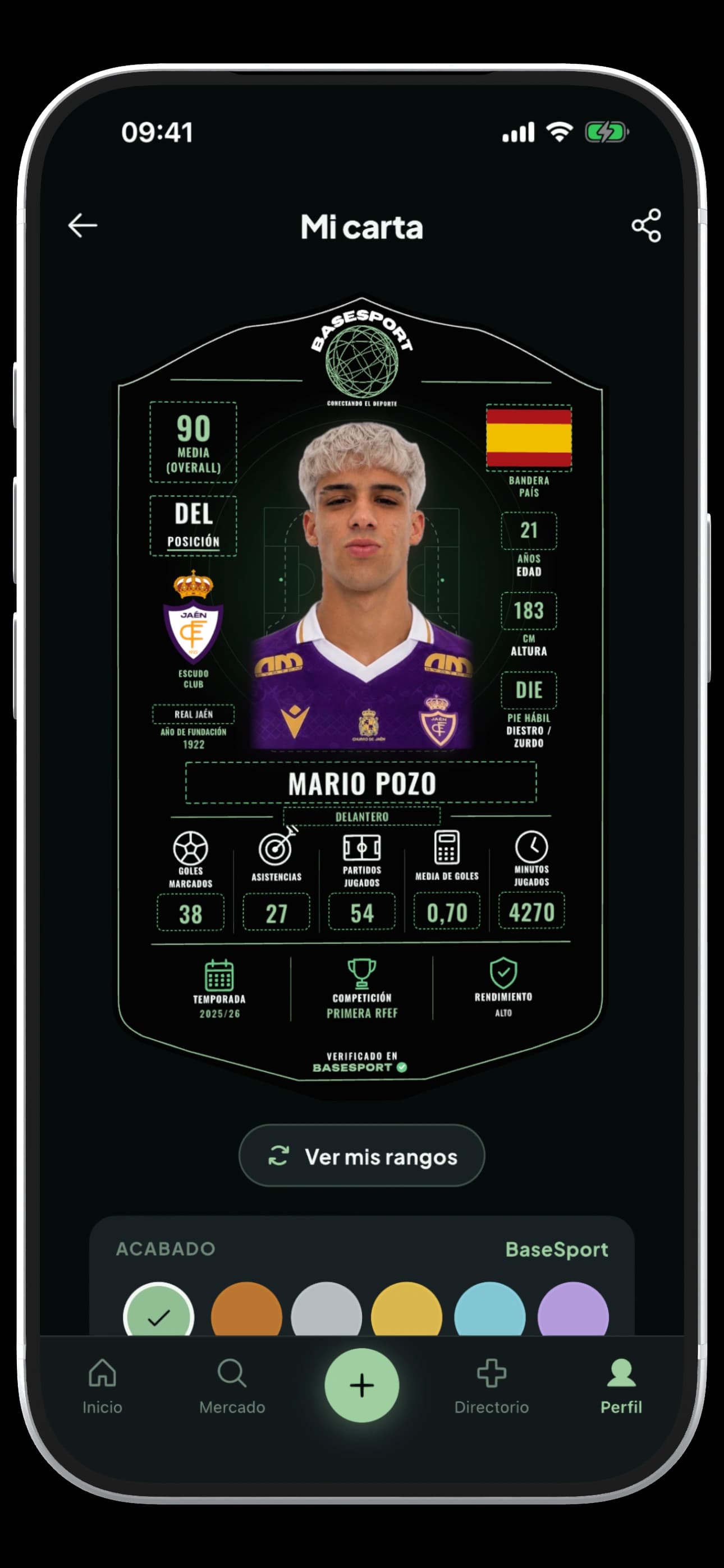 Ejemplo de la carta oficial de jugador de BaseSport con un perfil y estadísticas de demostración