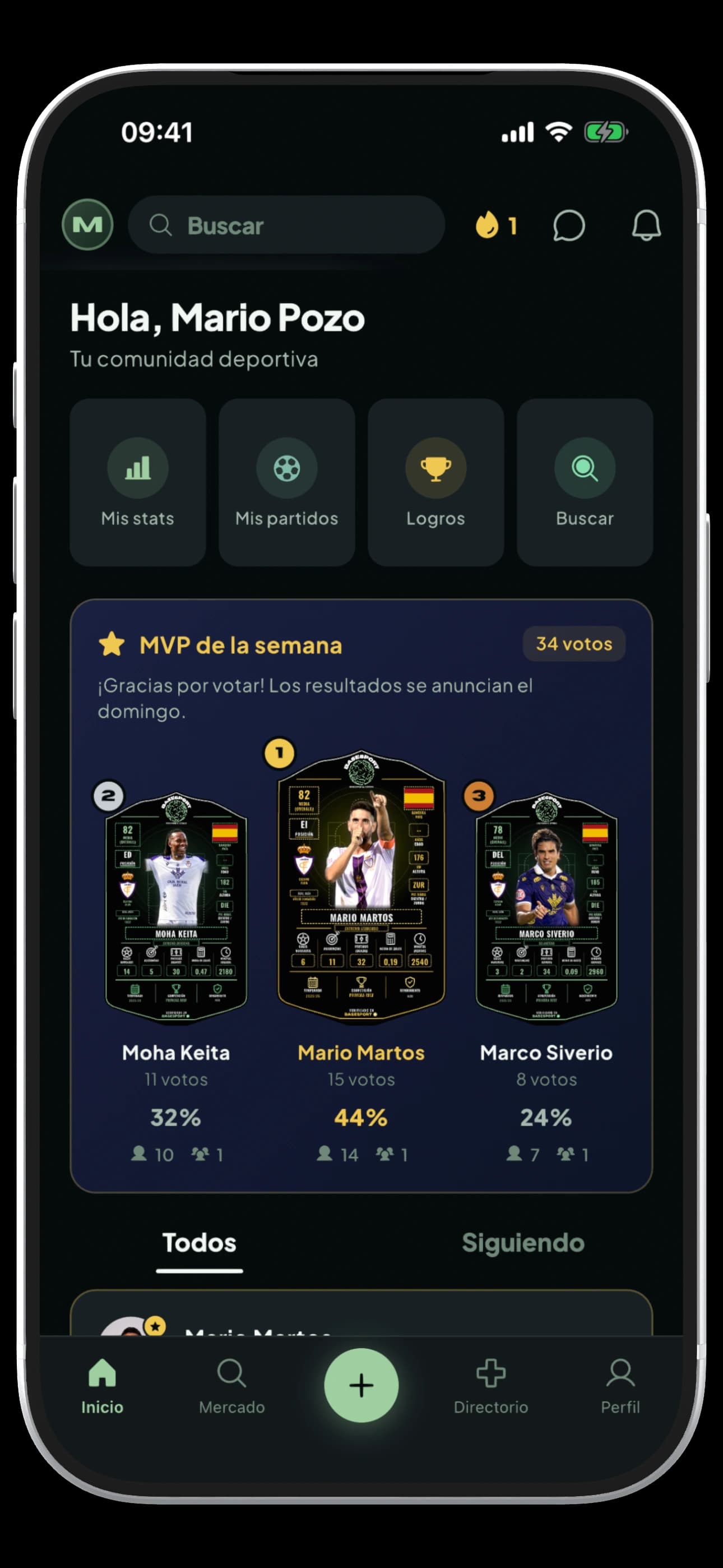 iPhone con la pantalla de comunidad de BaseSport