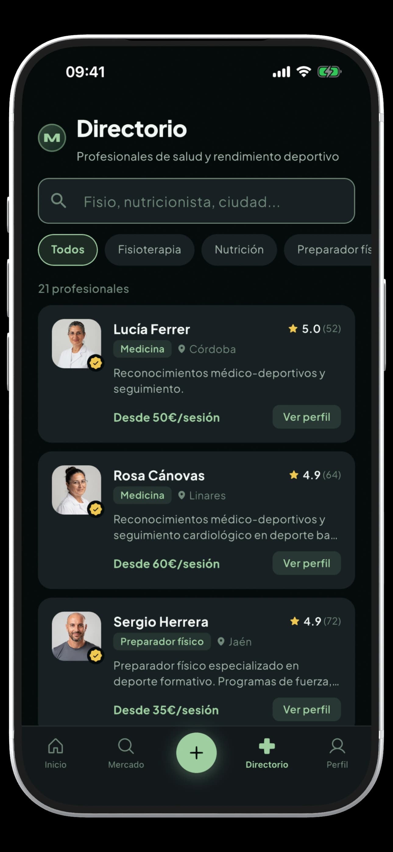 Directorio: Un lugar para descubrir profesionales del deporte.