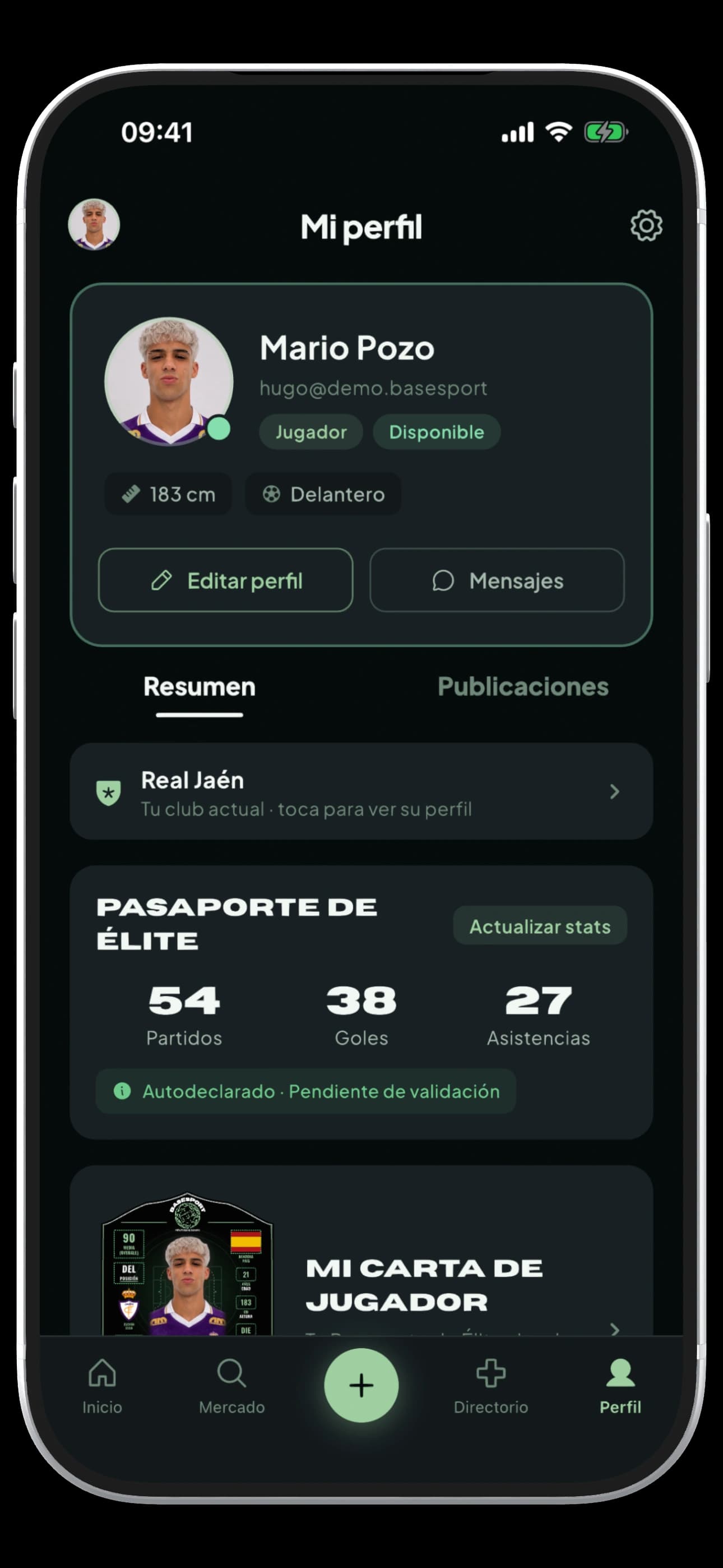 Mi perfil: Tu identidad deportiva, estadísticas y carta de jugador.